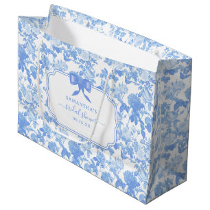 Grand Sac Cadeau Mariage Fleurs de Roses Bleu Blanc Chinoiserie