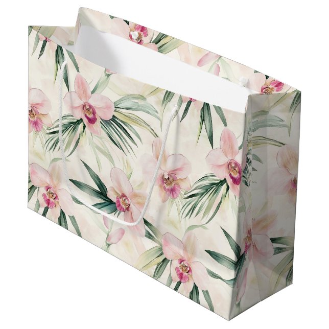 Grand Sac Cadeau Mariage Fleurs d'Orchidée Tropicale Rose Jolies (Devant Angle)
