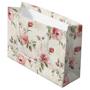 Grand Sac Cadeau Mariage Fleurs Roses Rose Pâle Ivoire