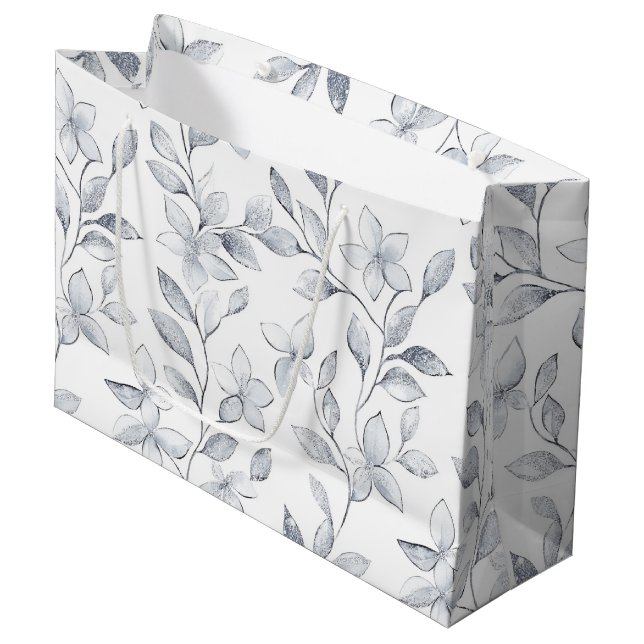 Grand Sac Cadeau Mariage Floral Argenté Élégant (Devant Angle)