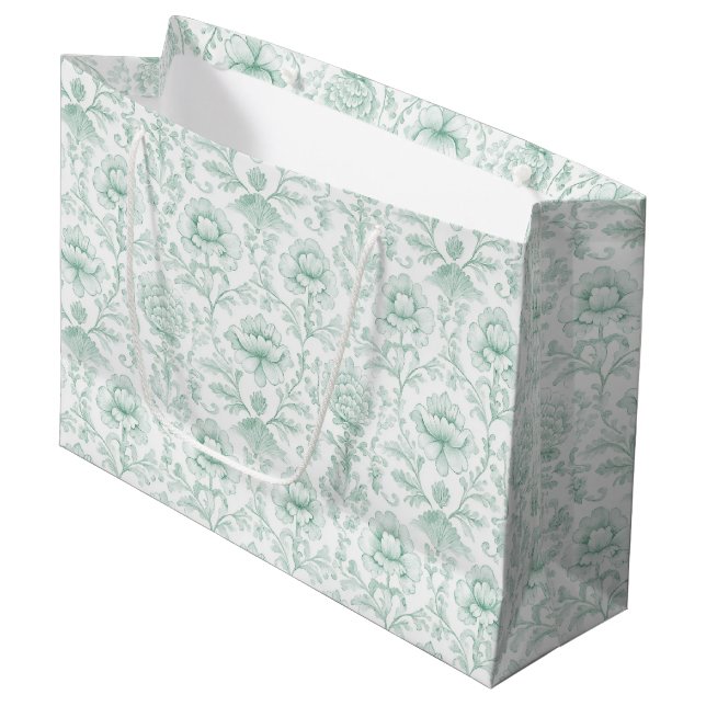 Grand Sac Cadeau Mariage Floral Blanc Menthe Chic (Devant Angle)