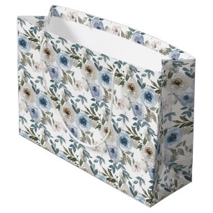 Grand Sac Cadeau Mariage floral bleu poussiéreux à l'aquarelle
