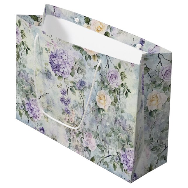 Grand Sac Cadeau Mariage Floral Crème Lavande Violet Romantique (Devant Angle)
