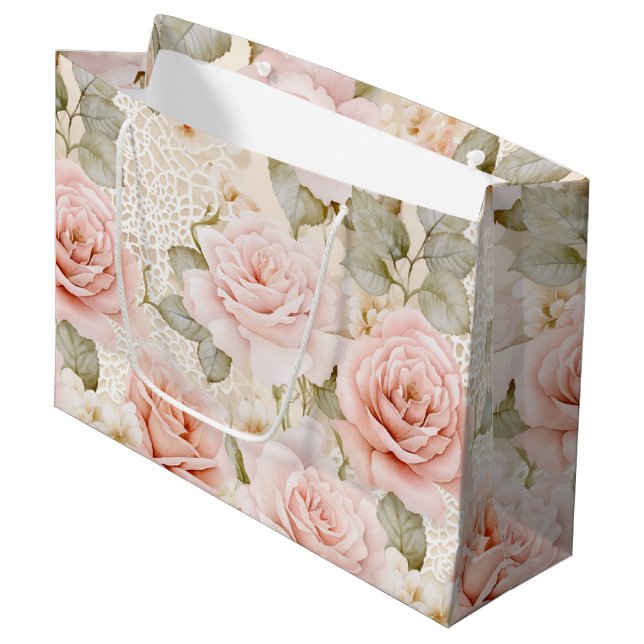 Grand Sac Cadeau Mariage Floral Robe de Soirée Rose Pâle Crème (Devant Angle)