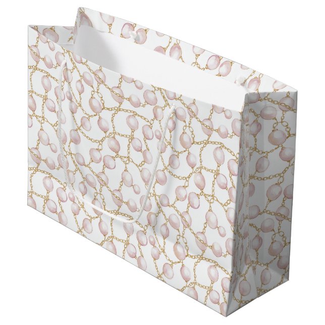 Grand Sac Cadeau Mariage Glamour Perles Rose Or (Devant Angle)