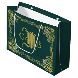 Grand Sac Cadeau Mariage Monogramme Classic Gold Frame Dark Green