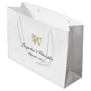 Grand Sac Cadeau Mariage Monogramme Elegant Chic White Gold Classy
