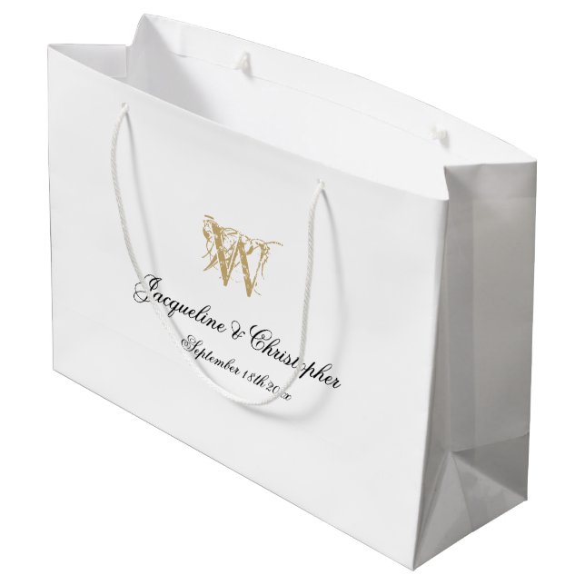 Grand Sac Cadeau Mariage Monogramme Elegant Chic White Gold Classy (Dos Angle)