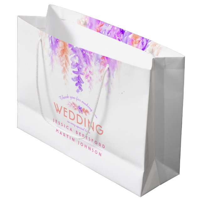 Grand Sac Cadeau Mariage orange rose violet fleurs faveur merci (Devant Angle)