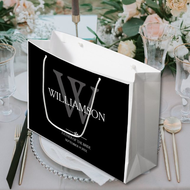 Grand Sac Cadeau Mariage Père De La Mariée Cadeau Monogramme Classy (Father Of The Bride Wedding Gift - Monogram and Date Classy Large Black, White and Gray Gift Bag.)
