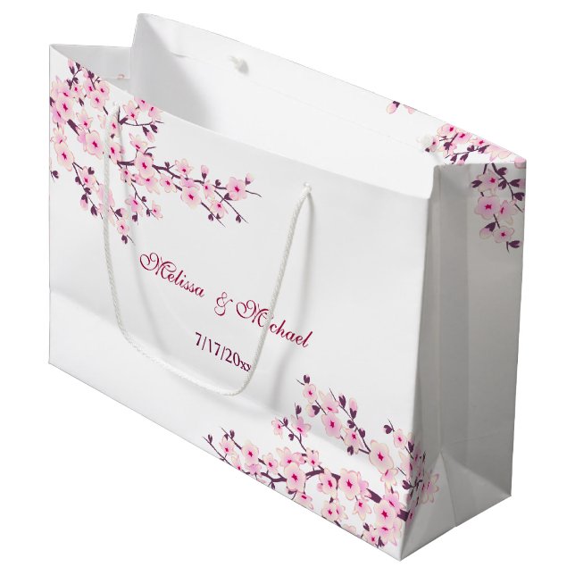 Grand Sac Cadeau Mariage personnalisé fleurs cerisier (Devant Angle)