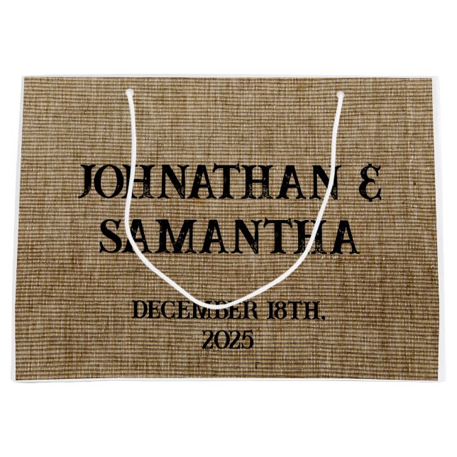 Grand Sac Cadeau Mariage personnalisé rustique burlap motif nature (Devant)
