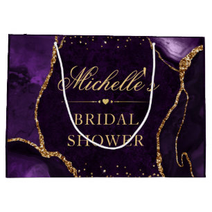 Grand Sac Cadeau Mariage Purple et Or Paillettes Marbre Agate