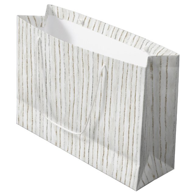 Grand Sac Cadeau Mariage Rayures Blanches Grises (Devant Angle)