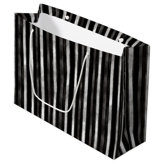 Grand Sac Cadeau Mariage Rayures Noir Argent (Devant Angle)