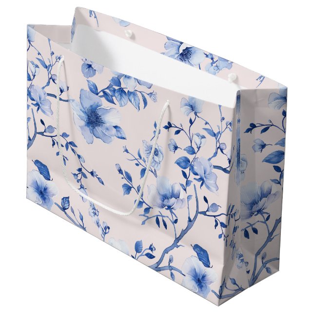 Grand Sac Cadeau Mariage Romantique Fleurs Bleues et Rose (Devant Angle)