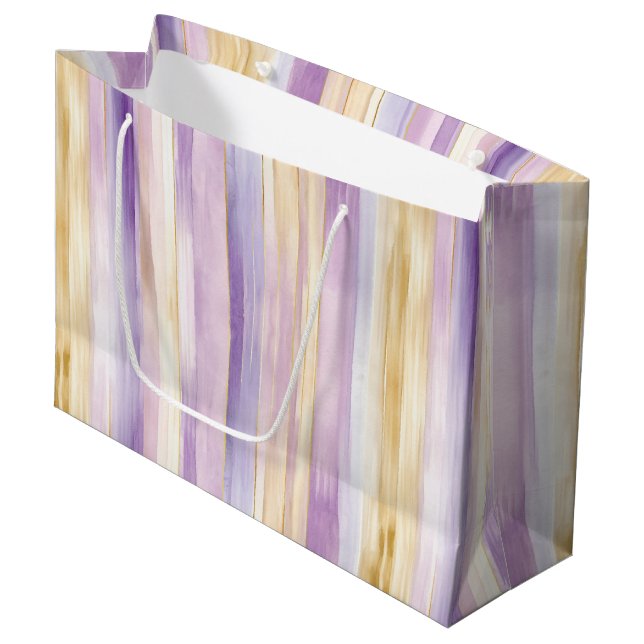 Grand Sac Cadeau Mariage Romantique Iris Violet Crème Rayures Fête  (Devant Angle)