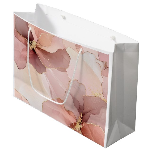 Grand Sac Cadeau Mariage Romantique Teint Rose Fleurie Doré (Devant Angle)