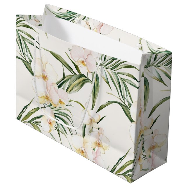 Grand Sac Cadeau Mariage Tropical White Orchid Flowers (Devant Angle)