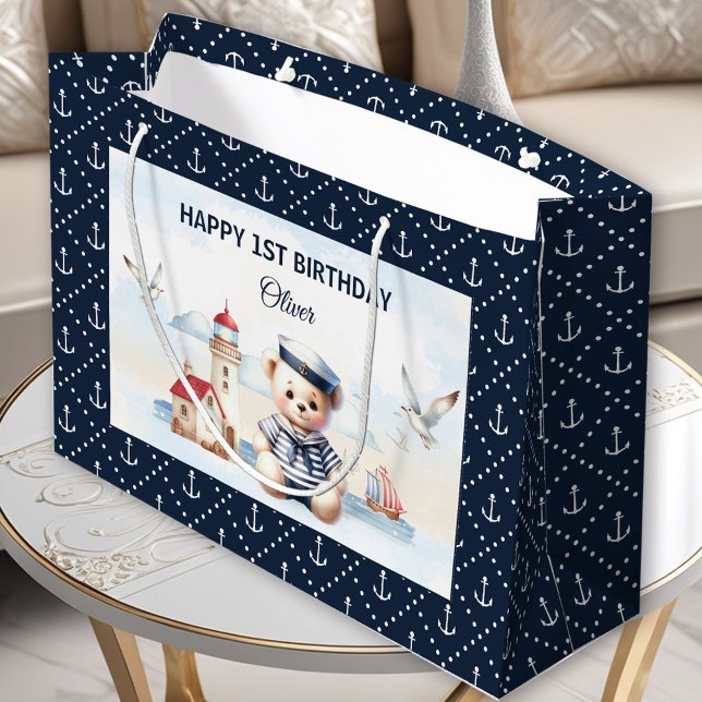 Grand Sac Cadeau Marine Nautique Cute Bear Marine Boy 1er Anniversa (Nautical Sailor Cute Bear Navy Boy 1st Birthday Large Gift Bag)