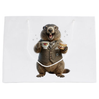 Grand Sac Cadeau Marmotte buvant du thé