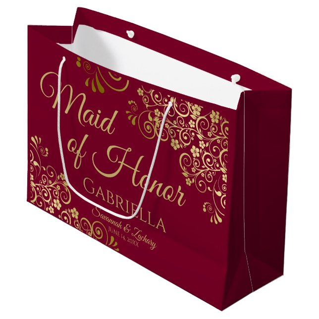 Grand Sac Cadeau Maron de Bourgogne et dentelle d'or Maid of Honor  (Devant Angle)