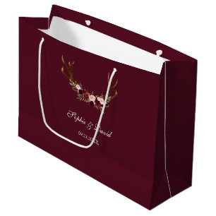 Grand Sac Cadeau Marsala de Bourgogne Floral Antlers Mariage