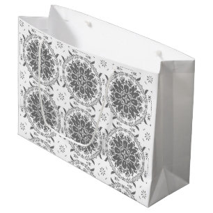 Grand Sac Cadeau Masque d'ornement de folklore blanc et gris