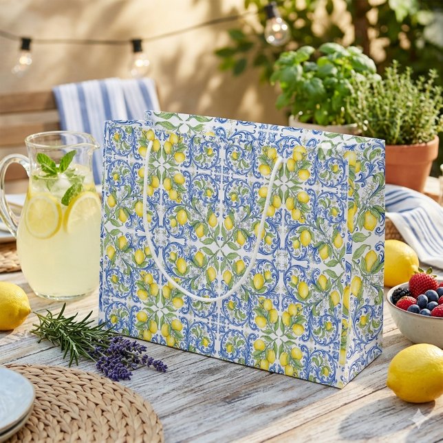 Grand Sac Cadeau Mediterranean Amalfi Coast Blue Tile Lemon (Mediterranean Amalfi Coast Blue Tile Lemon Large Gift Bag )