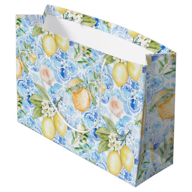 Grand Sac Cadeau Mediterranean Blue Tile Yellow Lemon Watercolor (Dos Angle)