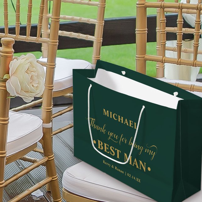 Grand Sac Cadeau Meilleur homme personnalisé Merci vert émeraude (Emerald Green Wedding Thank You Gift Bag for Best Man)