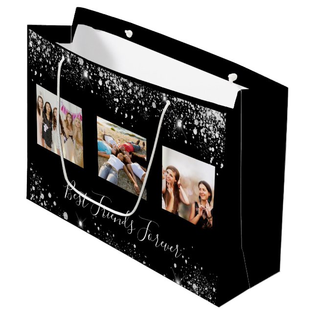 Grand Sac Cadeau Meilleurs amis photo noir argent parties scintilla (Devant Angle)