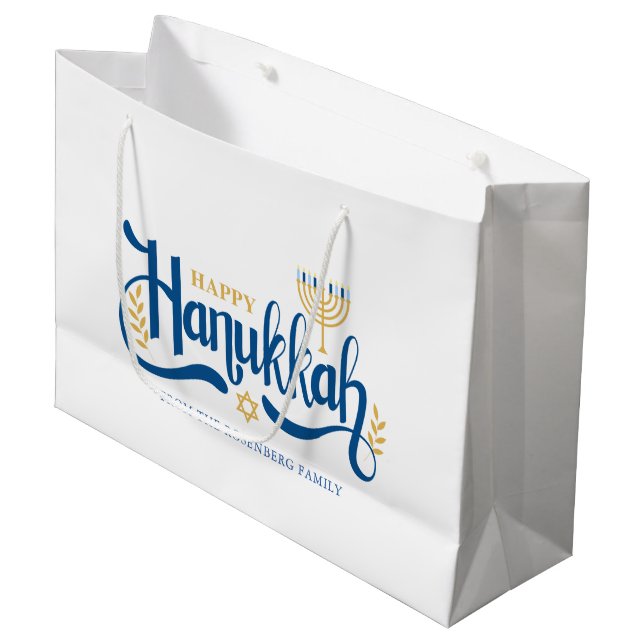 Grand Sac Cadeau Menorah d'or "Happy Hanoukka" (Devant Angle)