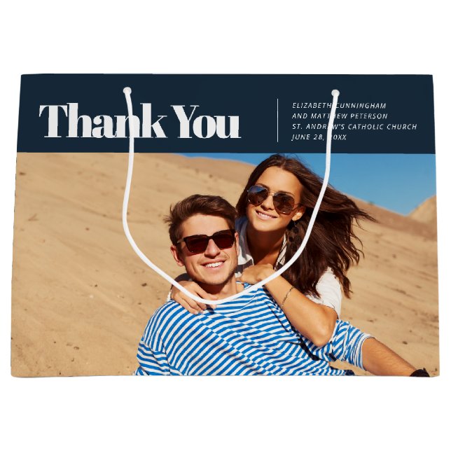 Grand Sac Cadeau Merci de Mariage photo moderne et simple (Devant)