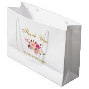 Grand Sac Cadeau Merci floral d'or de rose élégant d'aquarelle