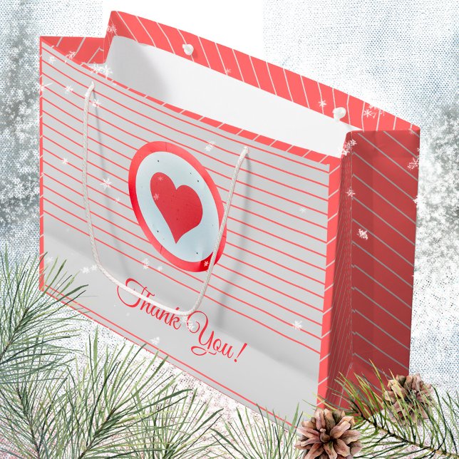Grand Sac Cadeau Merci Modern Heart Stripe (Trendy Modern Big Red Heart Striped Thank You Large Gift Bag ©Susanne Sachers - Sunny Mind Design 🌞)