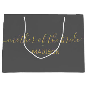 Grand Sac Cadeau Mère de la mariée personnalisée nom or script gris