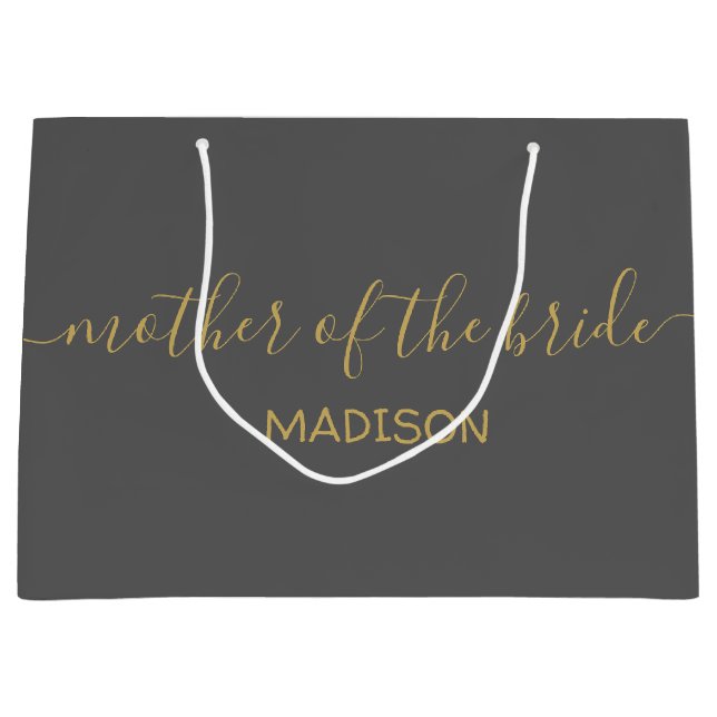 Grand Sac Cadeau Mère de la mariée personnalisée nom or script gris (Devant)