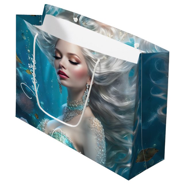 Grand Sac Cadeau Mermaid cheveux en argent Turquoise Océan (Devant Angle)