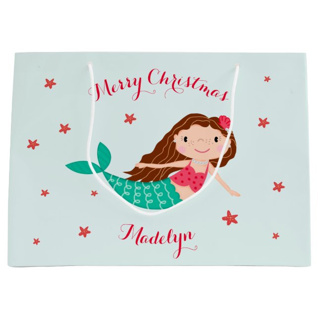 Grand Sac Cadeau Mermaid Christmas Red Aqua Personnalisé (Devant)