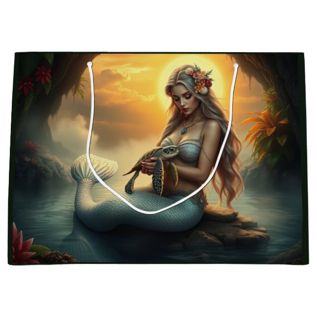 Grand Sac Cadeau Mermaid et sa tortue amie visitent la grotte (Devant)