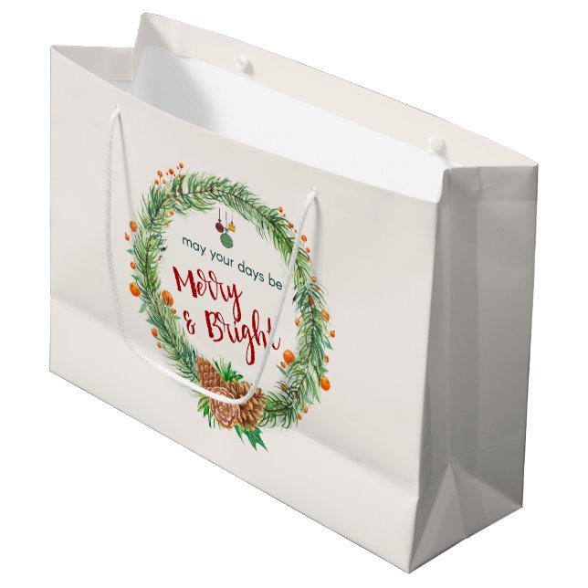 Grand Sac Cadeau Merry & Bright Christmas Wreath (Devant Angle)