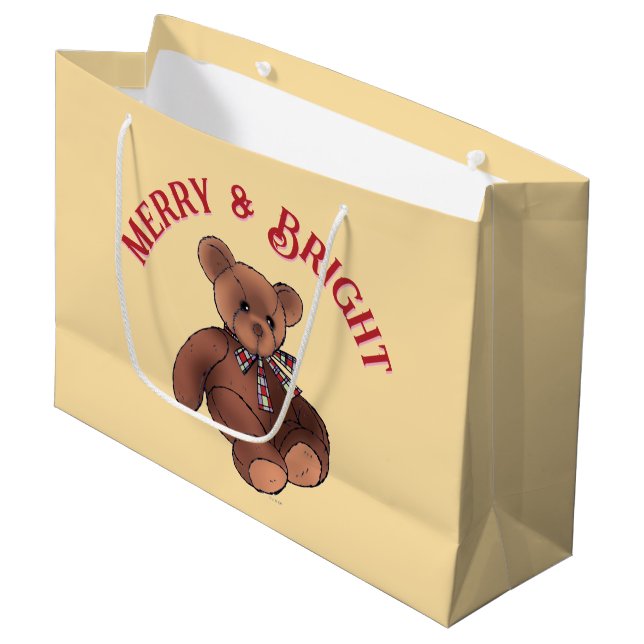 Grand Sac Cadeau Merry & Bright Teddy Bear Festif Mignon Noël (Devant Angle)