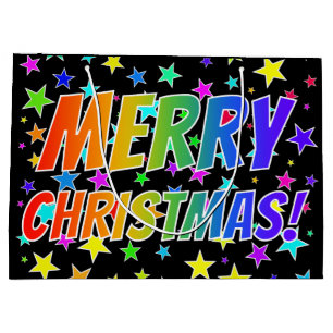 Grand Sac Cadeau "MERRY CHRISTMAS !" dans Rainbow Text + Stars Moti