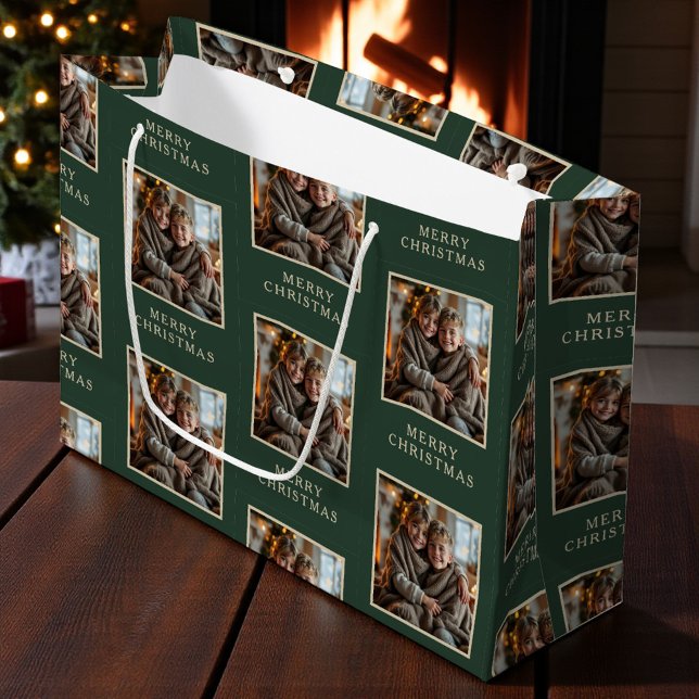 Grand Sac Cadeau Merry Christmas Green Photo Holiday (Créateur téléchargé)