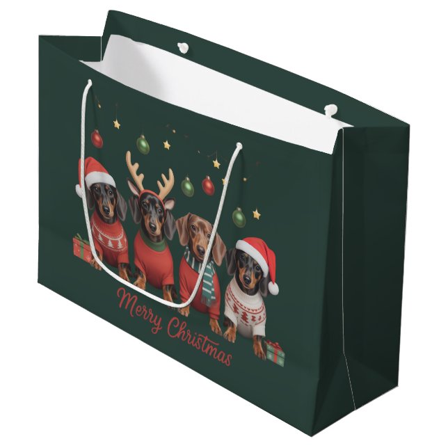 Grand Sac Cadeau Merry Christmas Santa Reindeer Dachshund Weiner  (Devant Angle)