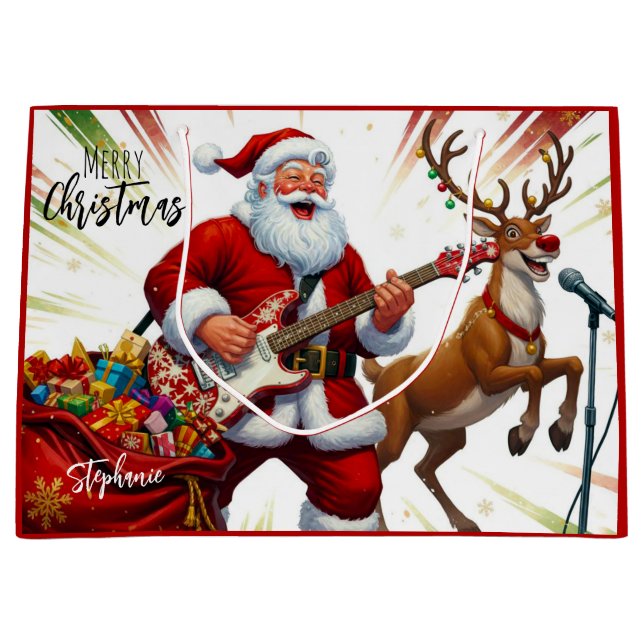 Grand Sac Cadeau Merry Christmas Santa Rudolf Playing Guitar (Devant)