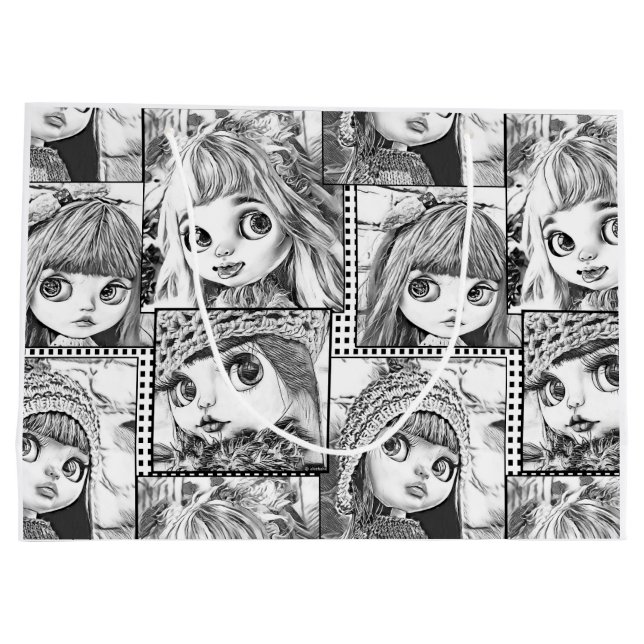 Grand Sac Cadeau Mes poupées patchwork noires et blanches préférées (Dos)