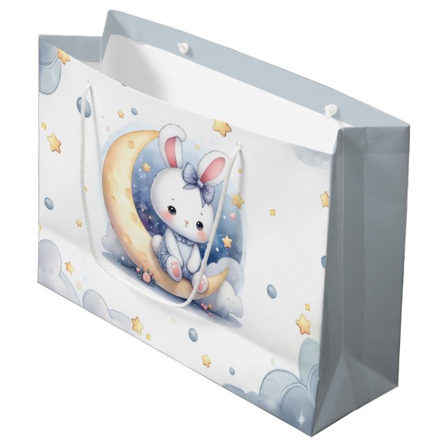 Grand Sac Cadeau mignon lapin assis sur la lune (Devant Angle)