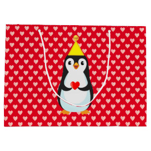 Grand Sac Cadeau Mignon manchot avec cœur sur fond rouge